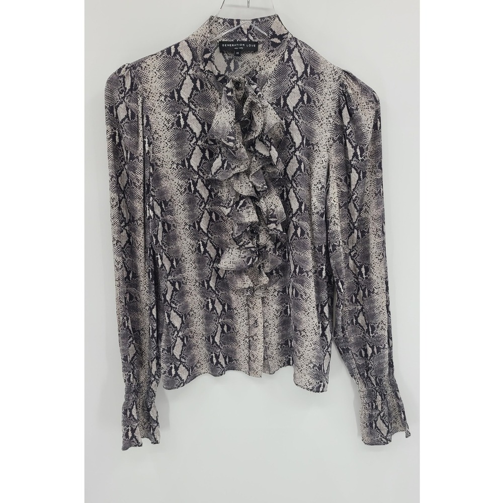 Generation Love‎ Snake SILK Women Blouse Top XS Ruffle High Neck Long Sleeve